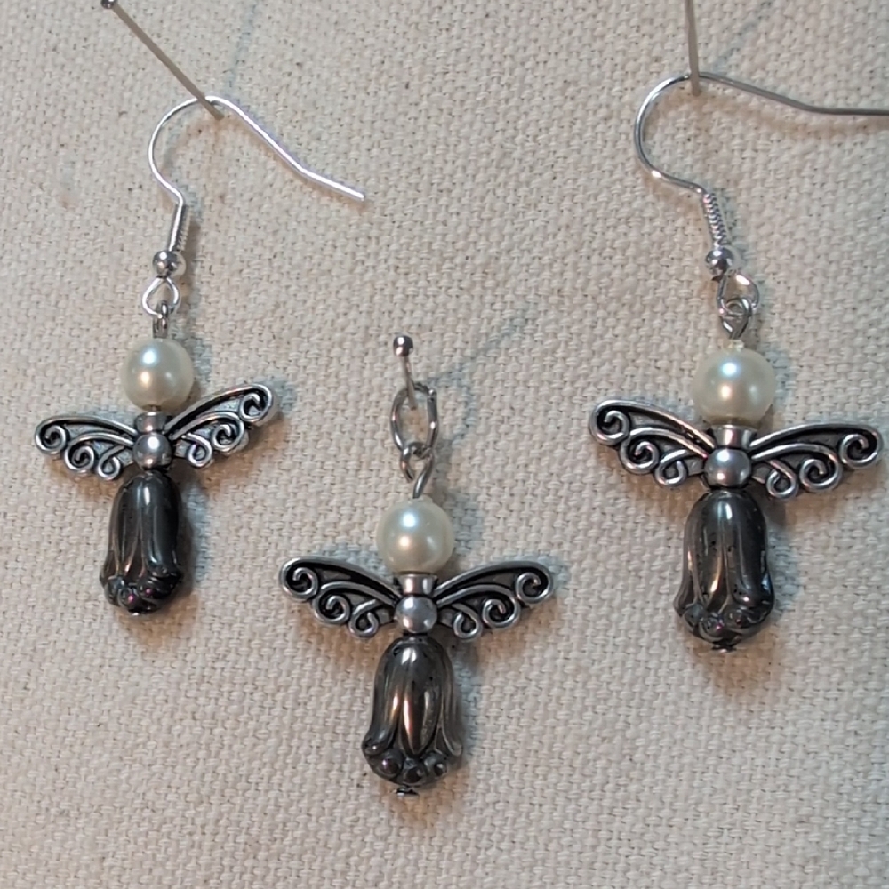 Handmade Silver-tone Angel Earrings & Pendant Set - Made with Glass Pearls